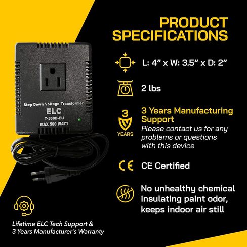 محول جهد ELC 500 واط - تنحي - 220 فولت إلى 110 فولت / 240 فولت إلى 120 فولت محول طاقة للسفر - لمكواة فرد الشعر، ومجفف الشعر، وأجهزة الكمبيوتر المحمولة والشواحن، معتمد من CE [ضمان 3 سنوات] in Kuwait