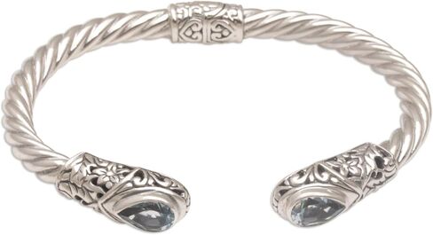 NOVICA Artisan Handmade Blue Topaz Cuff Bracelet Silver Floral from Bali Sterling Indonesia Birthstone 'Floral Iridescence' in Saudi Arabia