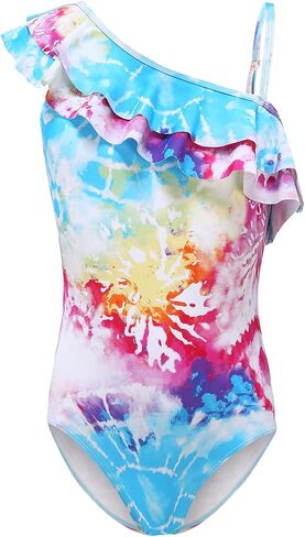 Girls One Piece Swimsuits One Shoulder Ruffle Bathing Suit Kids Hawaiian Floral Swimwear 3-16 Years in Kuwait