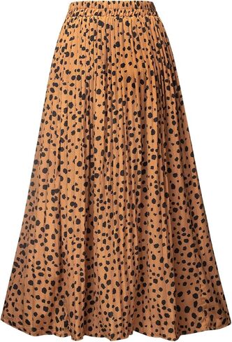 Womens Skirt Leopard Print Midi Long Shirring Skirts High Waisted A Line Skirts in Saudi Arabia