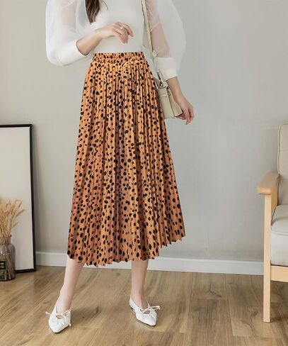 Womens Skirt Leopard Print Midi Long Shirring Skirts High Waisted A Line Skirts in Saudi Arabia