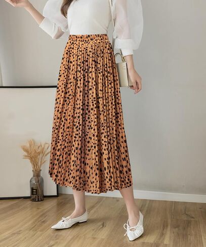 Womens Skirt Leopard Print Midi Long Shirring Skirts High Waisted A Line Skirts in Saudi Arabia