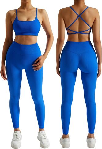 RXRXCOCO مجموعات تجريب مضلع للنساء 2 قطعة حمالة صدر رياضية بدون ظهر Strappy وسراويل ضيقة مطابقة مجموعة ملابس اليوغا in Kuwait