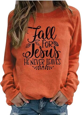 Fall for Jesus He Never Leaves Sweatshirt - Women Funny Christian Thanksgiving Graphic Pullover Tops in Kuwait