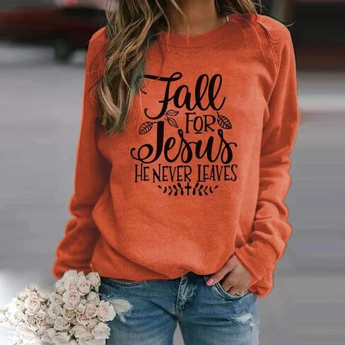 Fall for Jesus He Never Leaves Sweatshirt - Women Funny Christian Thanksgiving Graphic Pullover Tops in Kuwait