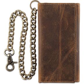 F&L CLASSIC RFID Blocking Mens Tri-fold Long Style Cowhide Leather Steel Chain Wallet,buffalo wax vintage leather,212 wax brown W/white stitching