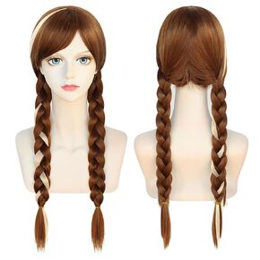 ANOGOL Wig Cap+ Brown Wig for Princess Long Braided Wig with Bangs Straight Cosplay Wig for Kids Women Girls Party Halloween Costume Wig