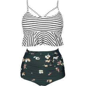 COCOSHIP Women's Retro Boho Flounce Falbala High Waist Bikini Set Chic Swimsuit(FBA)