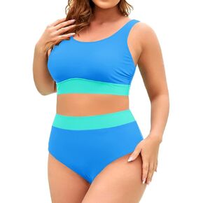 Aqua Eve Plus Size Two Piece High Waisted Bikini Swimsuits Scoop Neck Bikini Set Sporty Bathing Suits