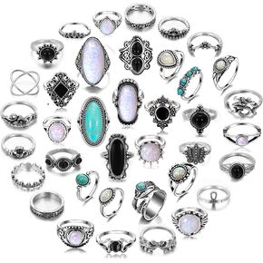 Mixcbe Vintage Silver Knuckle Rings Set for Women Western Turquoise Rings Bohemian Midi Ring Bulk, Chunky Rings,Retro Stone Crystal Stackable Joint Finger Ring Pack…