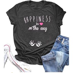 Women Pregnancy Shirt Funny Cute Graphic Maternity Short Sleeve Tees Happiness is On The Way Letter Print Tops in Kuwait
