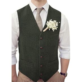 Teukuire Men's V-Neck Suit Vests Slim Fit Casual Business Formal Herringbone Tweed Wool Waistcoat Wedding Groomsmen Suit Vest