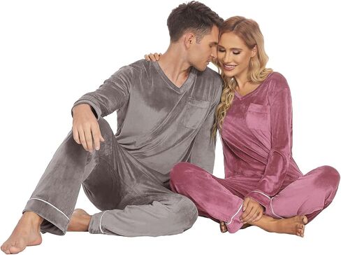 Ekouaer Couples Matching Pajamas Sets Velvet PJs Set for Men and Women Velour Long Sleeve Sleepwear S-XXL in Saudi Arabia