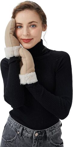 قفازات Surblue النسائية الشتوية من جلد الغنم المدبوغ والجلود والفرو الفاخر من جلد الخراف وصوف الحمل in Kuwait