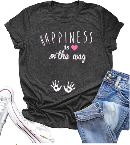 Women Pregnancy Shirt Funny Cute Graphic Maternity Short Sleeve Tees Happiness is On The Way Letter Print Tops in Kuwait