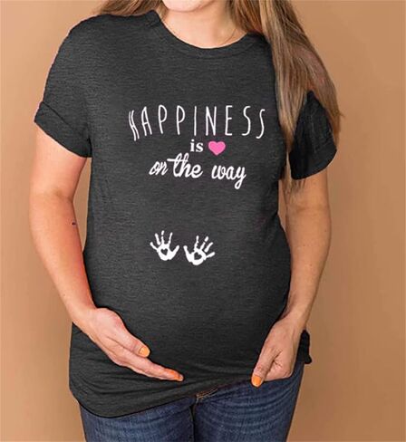 Women Pregnancy Shirt Funny Cute Graphic Maternity Short Sleeve Tees Happiness is On The Way Letter Print Tops in Kuwait