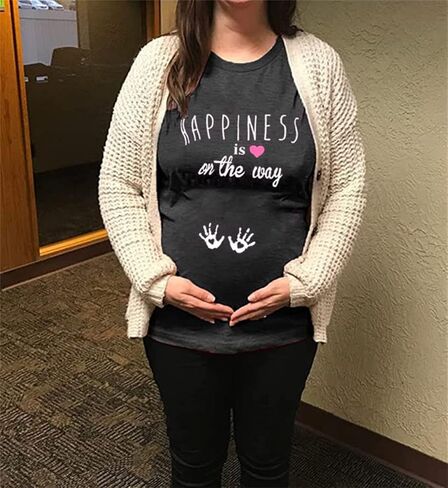 Women Pregnancy Shirt Funny Cute Graphic Maternity Short Sleeve Tees Happiness is On The Way Letter Print Tops in Kuwait