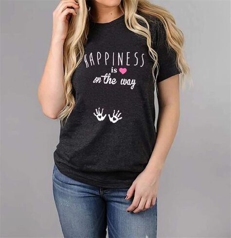 Women Pregnancy Shirt Funny Cute Graphic Maternity Short Sleeve Tees Happiness is On The Way Letter Print Tops in Kuwait