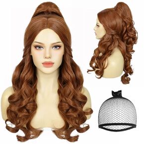 JoneTing Brown wig 【+Wig Cap】 Princess Wig with Bun for Adult Brown Synthetic Long Natural Wavy Wigs Hair for Women Movie Cosplay Wig for Halloween Peluca Marrón Christmas Party Wig for Girls
