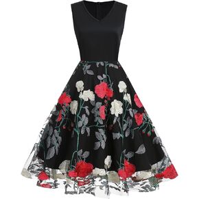 Women Keyhole Floral Embroidery Dress Sheer Mesh Illusion Vintage Cocktail Swing Dress Wedding Party Prom Tulle Evening Dress in Kuwait