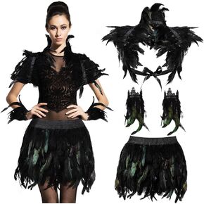 Yahenda 3 Pcs Halloween Gothic Black Feather Costume for Women Black Feather Shawl Shrug Cuffs Skirt for Witch Costume in Kuwait