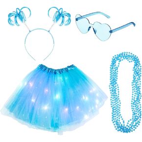 9 Pcs 4th of July LED Skirt Costume Set for Women, Lighted Tulle Tutu Skirt Pom Ponytail Headband Heart Sunglass in Saudi Arabia