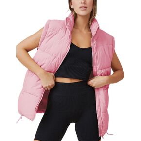 Freyhem Puffer Vest Women Sleeveless Quilted Zip Up Stand Collar Oversized Coat Outwear with Pocket