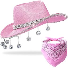 JIANGLAI Pink Disco Cowgirl Hat with Bandana,Glitter Rhinestone Disco Ball Cowboy Hat for Women Men Costume Cosplay