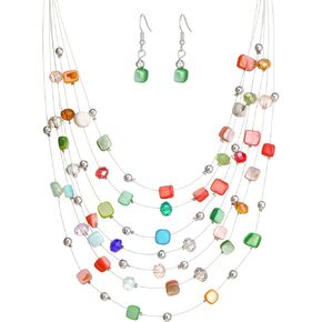 Multi-Layer Boho Shell Beaded Necklace for Women Colorful Crystal Strand with Silver Beads Statement Collars Necklace and Earrings Costumes Jewelry Sets for Women