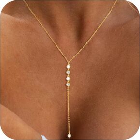 Picuzzy Lariat قلادة ذهبية للنساء، قلادة طويلة أنيقة مطلية بالذهب عيار 14 قيراط/فضية للنساء، قلادة عصرية على شكل حرف Y، قلادة مكعبة الزركونيا، مجوهرات ذهبية بسيطة للنساء والفتيات هدية