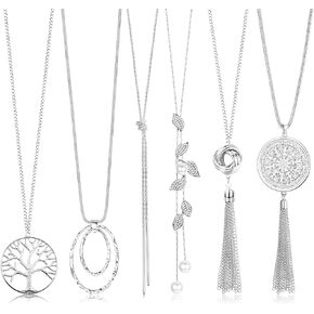 HAIAISO 6Pcs Long Necklaces for Women Tassel Pendant Necklace Circle Knot Bar Feather Leaf Sweater Necklace Statement Necklace for Women in Saudi Arabia