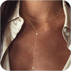 Lariat Gold Necklace for Women, 14k Gold Plated Dainty Long Layered Y Necklaces CZ Pendant Choker Necklace Simple Trendy Gold/Sliver Jewelry Gift for Girls in Kuwait
