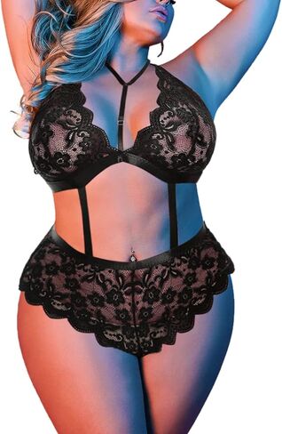 طقم ملابس داخلية مقاس كبير للنساء من EVELUST، حمالة صدر مثيرة من الدانتيل على شكل صدفة وسراويل داخلية عالية الخصر قطعة واحدة تيدي in Kuwait