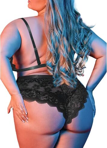 طقم ملابس داخلية مقاس كبير للنساء من EVELUST، حمالة صدر مثيرة من الدانتيل على شكل صدفة وسراويل داخلية عالية الخصر قطعة واحدة تيدي in Kuwait