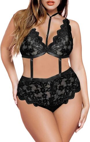 طقم ملابس داخلية مقاس كبير للنساء من EVELUST، حمالة صدر مثيرة من الدانتيل على شكل صدفة وسراويل داخلية عالية الخصر قطعة واحدة تيدي in Kuwait
