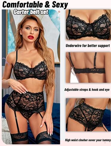 Avidlove Sexy Lingerie for Women Garter Lingerie Set High Waist Lingerie Underwire(Black,M in Saudi Arabia