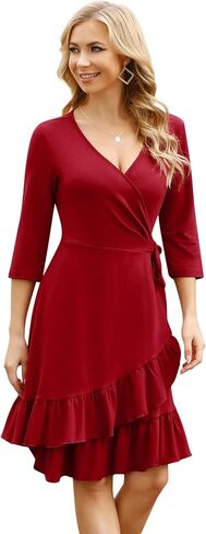 Missky Women V Neck Wrap Dress Casual Ruffle Slit Midi Dress High Waist Flowy Swing Cocktail Dress in Saudi Arabia