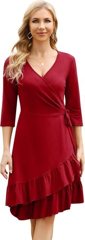 Missky Women V Neck Wrap Dress Casual Ruffle Slit Midi Dress High Waist Flowy Swing Cocktail Dress in Saudi Arabia