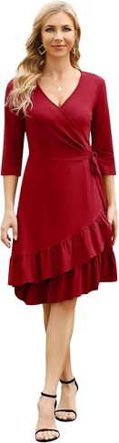 Missky Women V Neck Wrap Dress Casual Ruffle Slit Midi Dress High Waist Flowy Swing Cocktail Dress in Saudi Arabia