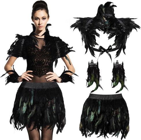 Yahenda 3 Pcs Halloween Gothic Black Feather Costume for Women Black Feather Shawl Shrug Cuffs Skirt for Witch Costume in Kuwait