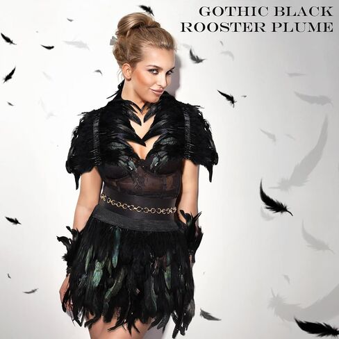 Yahenda 3 Pcs Halloween Gothic Black Feather Costume for Women Black Feather Shawl Shrug Cuffs Skirt for Witch Costume in Kuwait