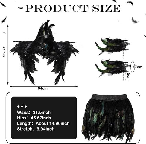 Yahenda 3 Pcs Halloween Gothic Black Feather Costume for Women Black Feather Shawl Shrug Cuffs Skirt for Witch Costume in Kuwait
