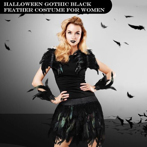 Yahenda 3 Pcs Halloween Gothic Black Feather Costume for Women Black Feather Shawl Shrug Cuffs Skirt for Witch Costume in Kuwait