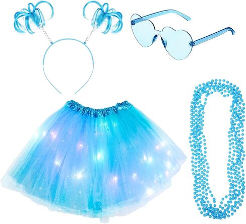 9 Pcs 4th of July LED Skirt Costume Set for Women, Lighted Tulle Tutu Skirt Pom Ponytail Headband Heart Sunglass in Kuwait