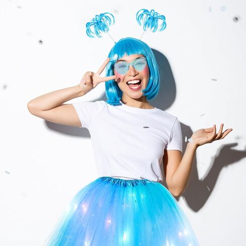 9 Pcs 4th of July LED Skirt Costume Set for Women, Lighted Tulle Tutu Skirt Pom Ponytail Headband Heart Sunglass in Kuwait