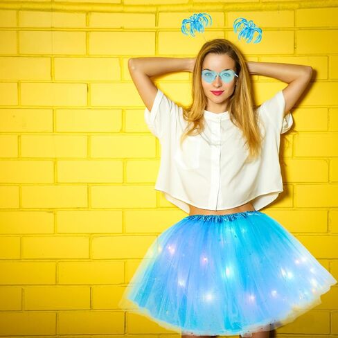 9 Pcs 4th of July LED Skirt Costume Set for Women, Lighted Tulle Tutu Skirt Pom Ponytail Headband Heart Sunglass in Kuwait