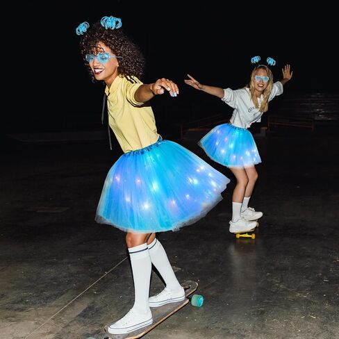 9 Pcs 4th of July LED Skirt Costume Set for Women, Lighted Tulle Tutu Skirt Pom Ponytail Headband Heart Sunglass in Kuwait