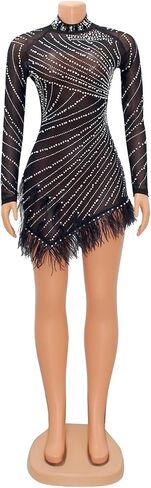 Women's Sexy Mesh Sheer Hot Drilling Bodycon Mini Dresses Long Sleeve Slit Rhinestones Dress Party Club in Saudi Arabia