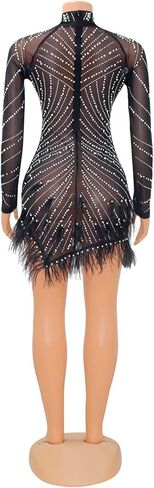 Women's Sexy Mesh Sheer Hot Drilling Bodycon Mini Dresses Long Sleeve Slit Rhinestones Dress Party Club in Saudi Arabia