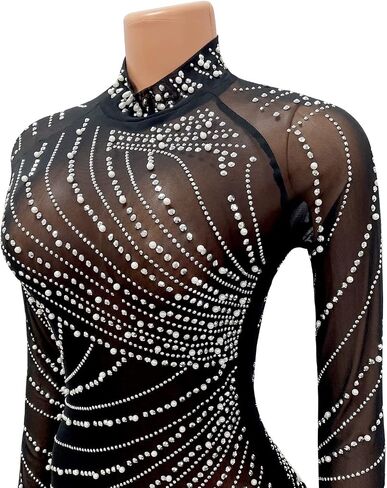 Women's Sexy Mesh Sheer Hot Drilling Bodycon Mini Dresses Long Sleeve Slit Rhinestones Dress Party Club in Saudi Arabia
